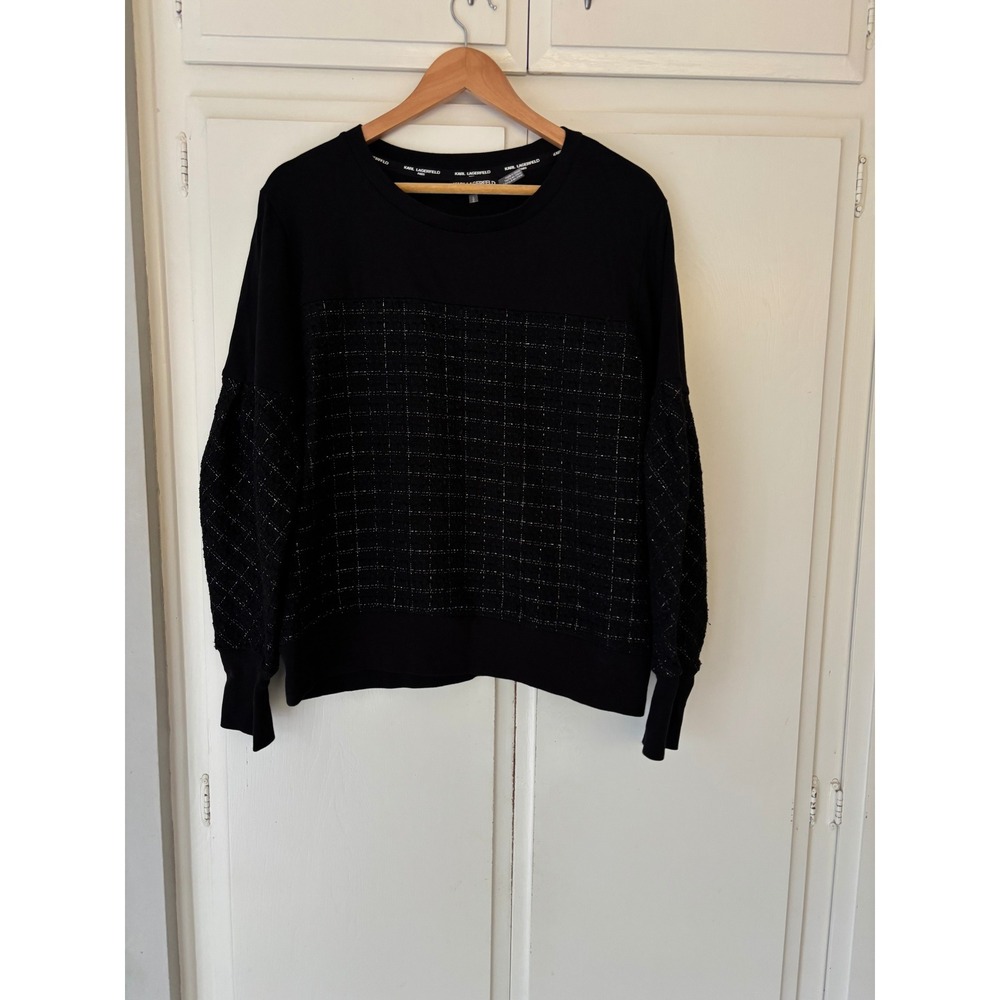 Karl Lagerfeld Paris Womens Black Mixed Media Tweed Sweatshirt Metallic Logo L - Picture 2 of 9